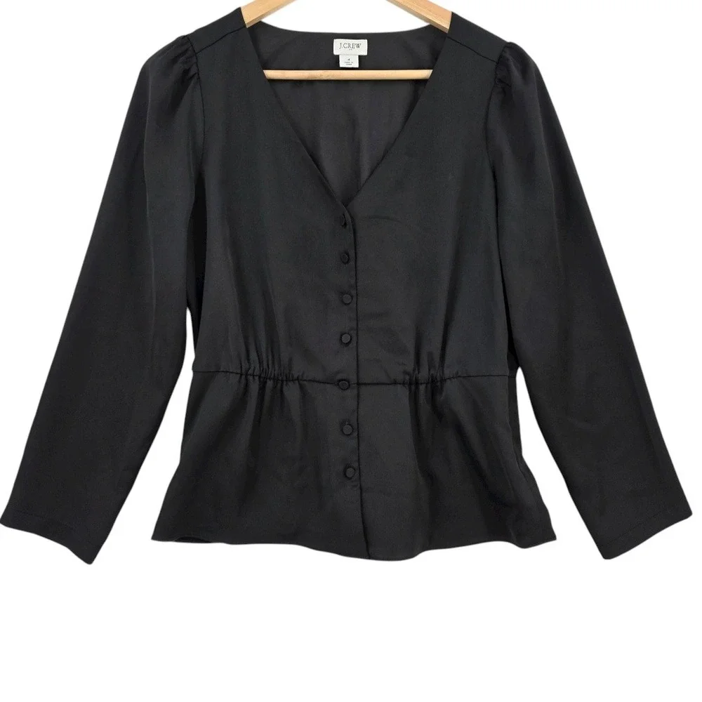J. Crew‎ Womens 4 Black Satin Button Front Blouse